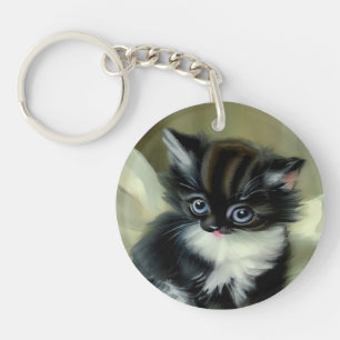 Vintage Black and White Kitten Tongue Sticking Out Keychain