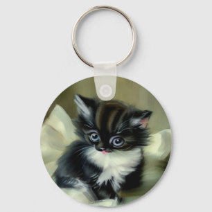 Vintage Black and White Kitten Tongue Sticking Out Keychain
