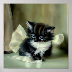 Vintage Black and White Kitten Tongue Sticking Out Poster