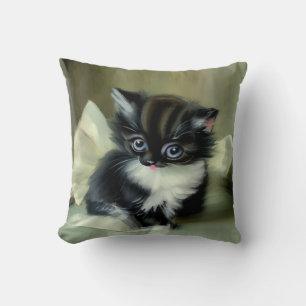 Vintage Black and White Kitten Tongue Sticking Out Throw Pillow