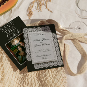 Vintage Black And White Lace Photo Fancy Wedding Save The Date