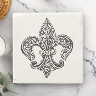 Vintage Black and White Lacy Fleur De Lis Stone Coaster