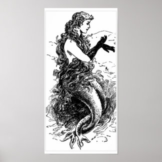 Vintage Black and White Mermaid Poster
