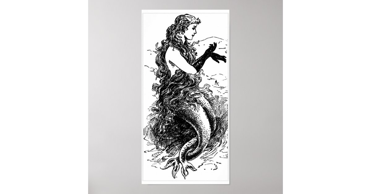 Vintage Black and White Mermaid Poster | Zazzle.ca
