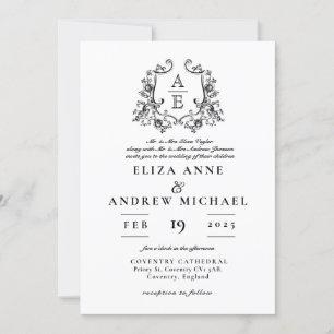 Vintage Black and White Monogram Crest Wedding Invitation
