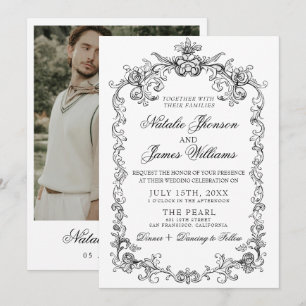 Vintage Black And White Old Money Classy Wedding Invitation