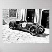 Vintage Black and White Old racing car photo poste