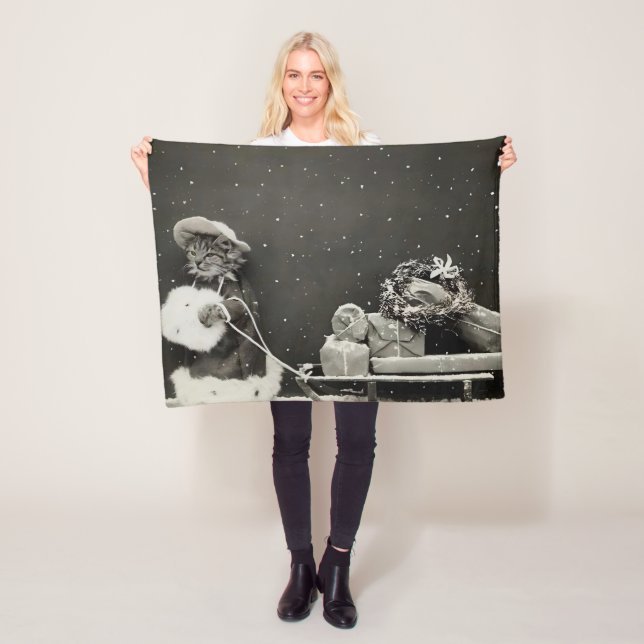 Vintage Black and White Photo, Cute Christmas Cat Fleece Blanket (In Situ)