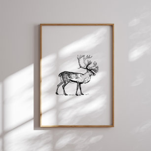 Vintage Black and White Reindeer Christmas Wall Ar Poster