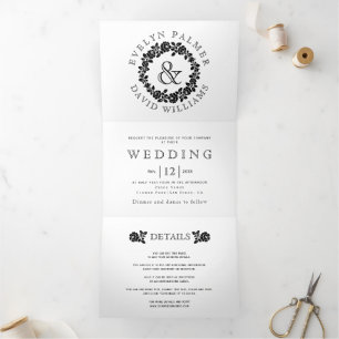 Vintage black and white rose wreath wedding Tri-Fold invitation