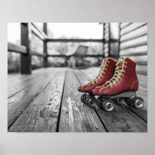 Vintage Black and White Rustic Red Roller Skates Poster