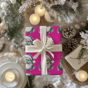 Vintage Black and White Santa Illustration HotPink Wrapping Paper