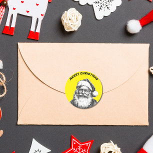 Vintage Black and White Santa Neon Yellow Classic Round Sticker