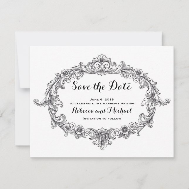 Vintage black and white scroll save the date (Front)