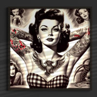 Vintage Black and White Tattooed Pin-up Drawing