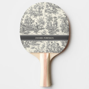 Vintage black and white toile de jouy printed ping pong paddle