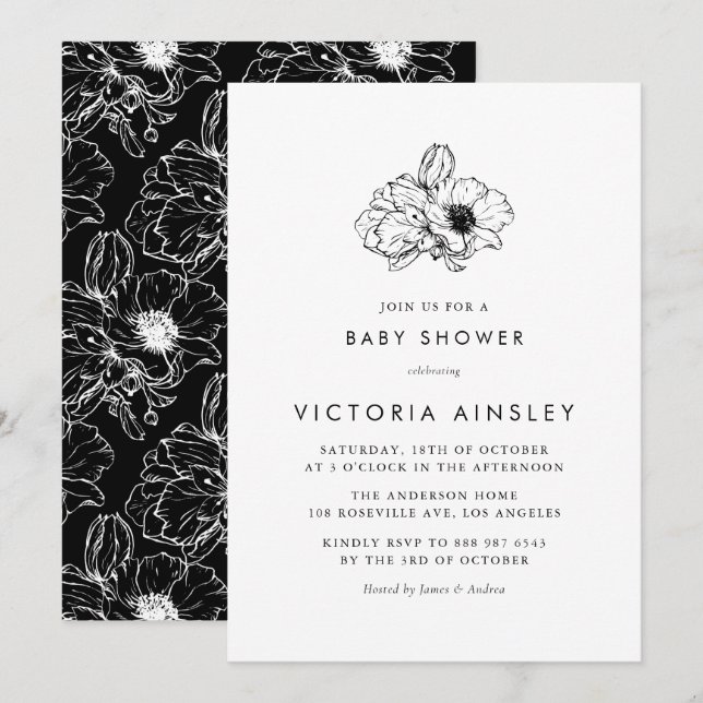 Vintage Black Anemone Floral Baby Shower Invitation (Front/Back)