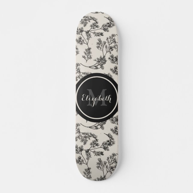 Vintage Black Botanical Floral Pattern & Monogram Skateboard (Front)