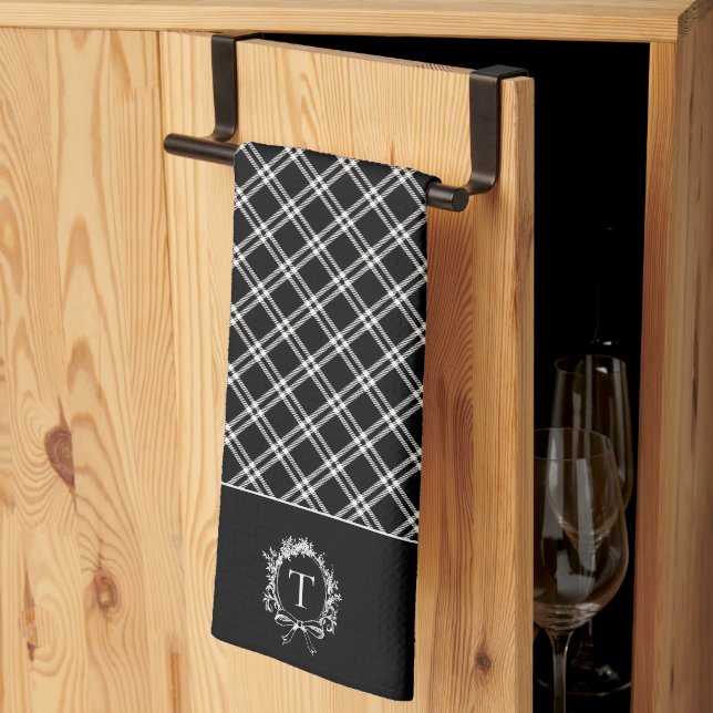 Vintage Black Botanical Monogram Kitchen Towel (Thirds Fold)