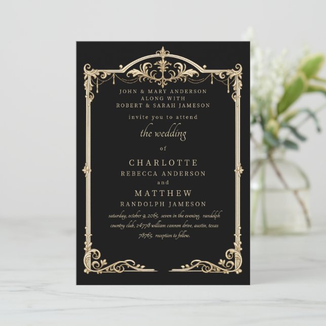 Vintage Black Both Parents Frame Wedding Invitation (Standing Front)