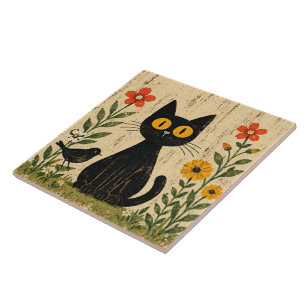 Vintage Black Cat and Bird Ceramic Tile