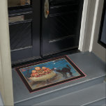 Vintage Black Cat and Funny Pumpkin People Doormat<br><div class="desc">Scary black cat under crescent moon hissing at three funny pumpkin people sitting atop large squash with "Hallowe'en" in red text. Background colour is editable.</div>