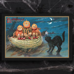 Vintage Black Cat and Funny Pumpkin People Tissue Paper<br><div class="desc">Scary black cat under crescent moon hissing at three funny pumpkin people sitting atop large squash with "Hallowe'en" in red text. Background colour is editable. Suitable for decoupage or Fall crafting projects.</div>