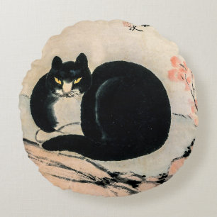 Vintage Black Cat and Narcissus by Zhu Ling   Round Pillow
