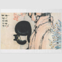 Vintage Black Cat and Narcissus by Zhu Ling