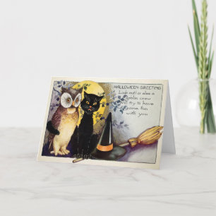 Vintage Black Cat and Owl Halloween Card