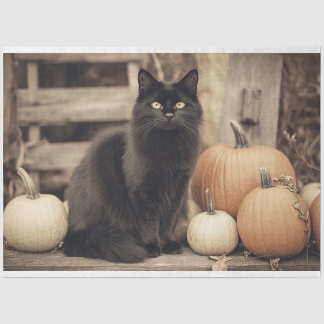 Vintage Black Cat and Pumpkins Decoupage Tissue Paper (Front)