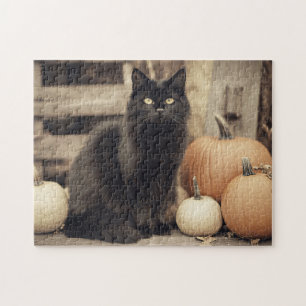 Vintage Black Cat and Pumpkins Jigsaw Puzzle