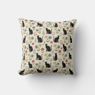 Vintage Black Cat and Wildflower Garden Pattern Throw Pillow