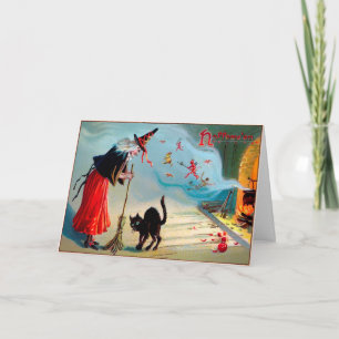 Vintage Black Cat and Witch Halloween Card  