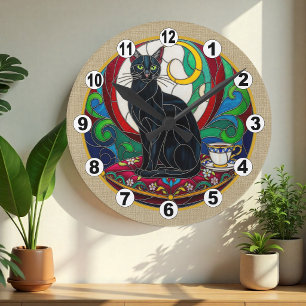 Vintage Black Cat Art Mosaic Clock, Decorative Round Clock