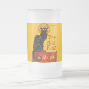 Vintage Black Cat Art Nouveau Chat Noir Steinlen Frosted Glass Beer Mug