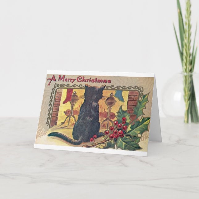 Vintage Black Cat at Fireplace Christmas Card (Front)