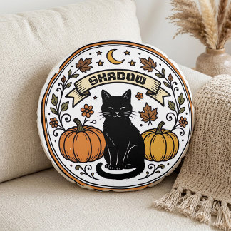 Vintage Black Cat Botanicals Boho Botanicals Moon Round Pillow