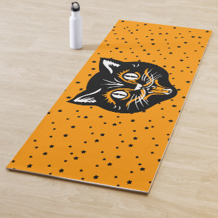 Vintage Black Cat Halloween Face Orange Black Star Yoga Mat