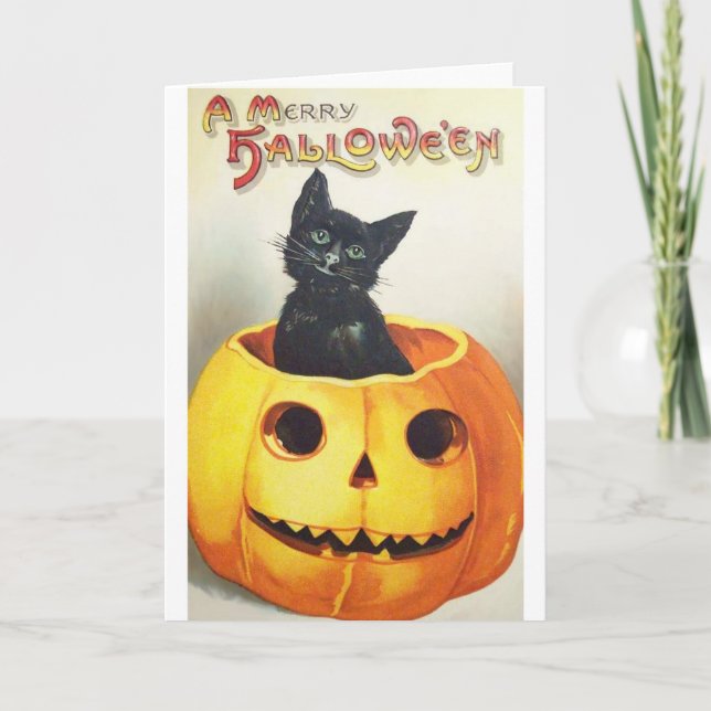Vintage Black Cat Halloween Greeting Card (Front)