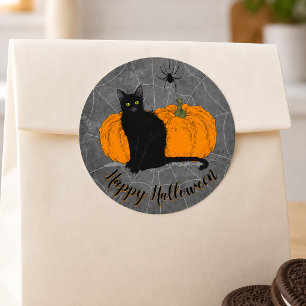 Vintage Black Cat Happy Halloween Classic Round Sticker