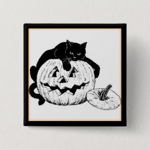 Vintage Black Cat & Jack O' Lantern Halloween 2 Inch Square Button