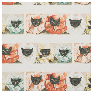 Vintage black cat kittens pink Halloween cats Fabric