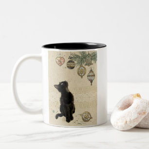 Vintage Black Cat Looking At Ornaments Two-Tone Coffee Mug