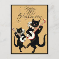 Vintage Black Cat Music with Banjo Happy Halloween