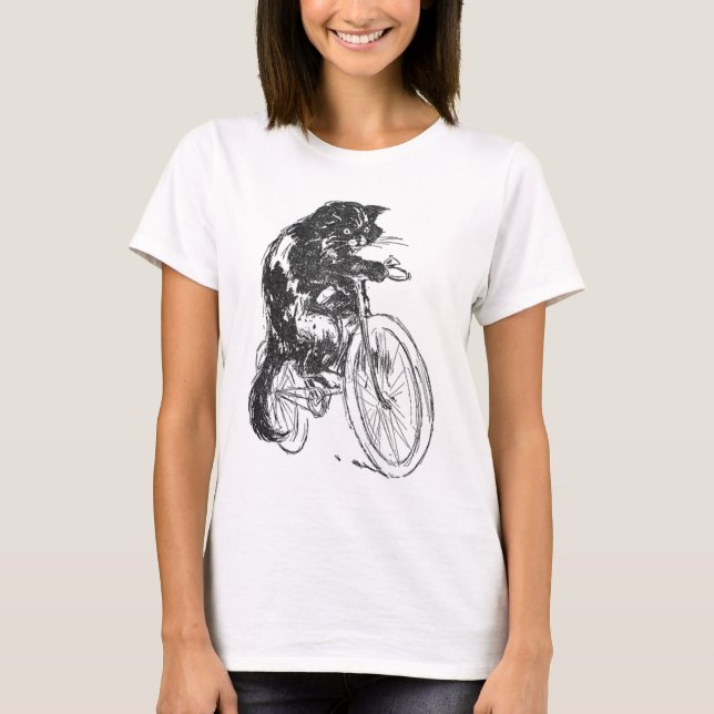 Vintage Black Cat On Bicycle T-Shirt (Front)