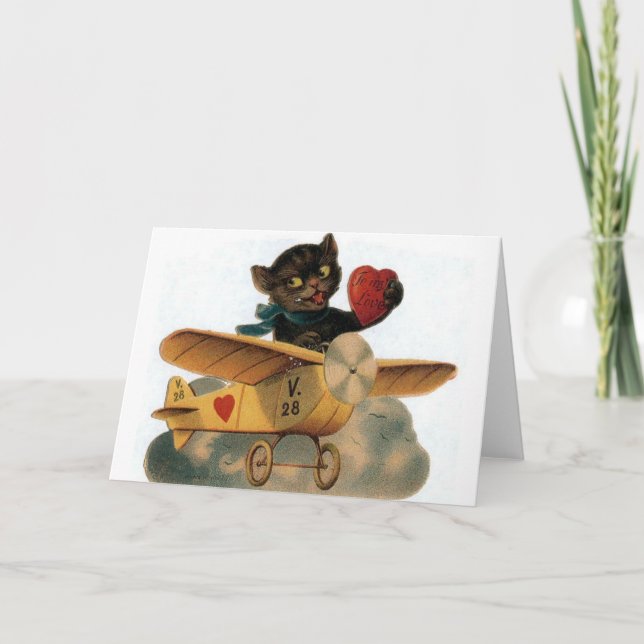 Vintage Black Cat Pilot Valentine's Day Card (Front)