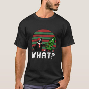 Vintage Black Cat  Pushing Christmas Tree Over Cat T-Shirt