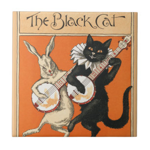 Vintage Black Cat Rabbit Banjo Players Art Nouveau Tile