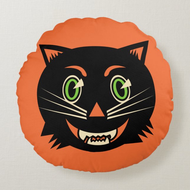 Vintage Black Cat Round Pillow (Front)